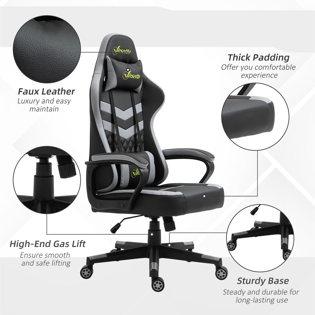 Gaming Chair, Computer Desk Chair with Lumbar Support, Faux Leather Racing Chair with Headrest and Swivel Wheels for Home Office, Black Grey