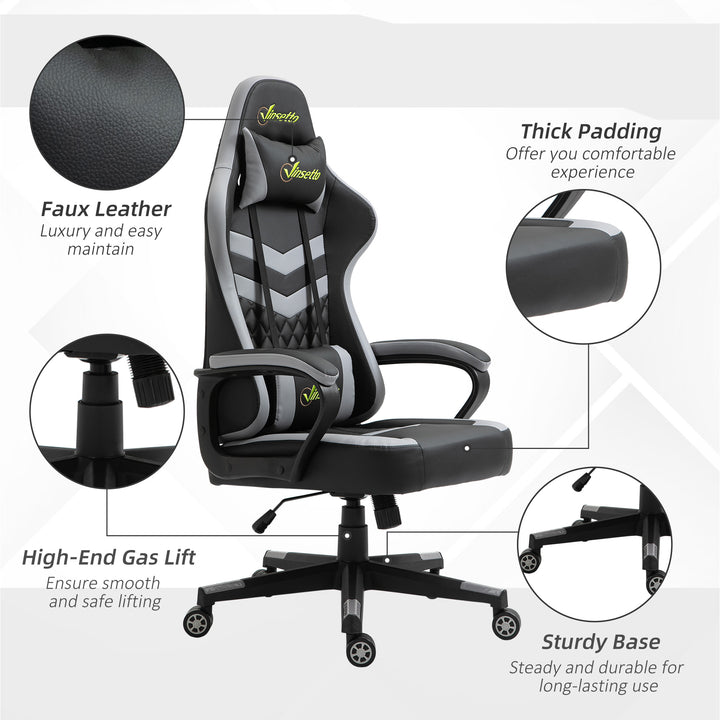 Gaming Chair, Computer Desk Chair with Lumbar Support, Faux Leather Racing Chair with Headrest and Swivel Wheels for Home Office, Black Grey