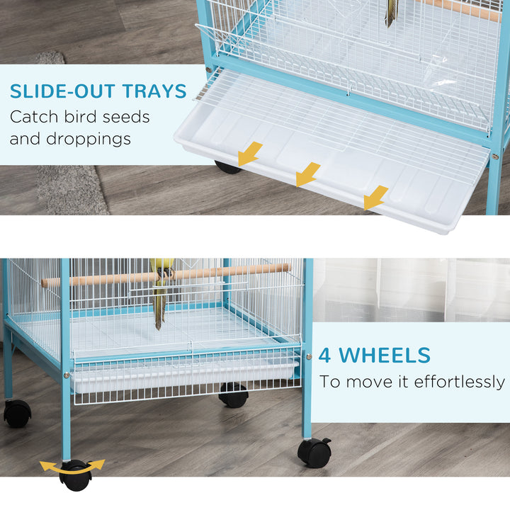 PawHut 2-In-1 Large Bird Cage Aviary, Mobile, Slide-out Trays, Wooden Perch, Feeding Bowls, for Finches Canaries Budgies, Sky Blue | Aosom UK