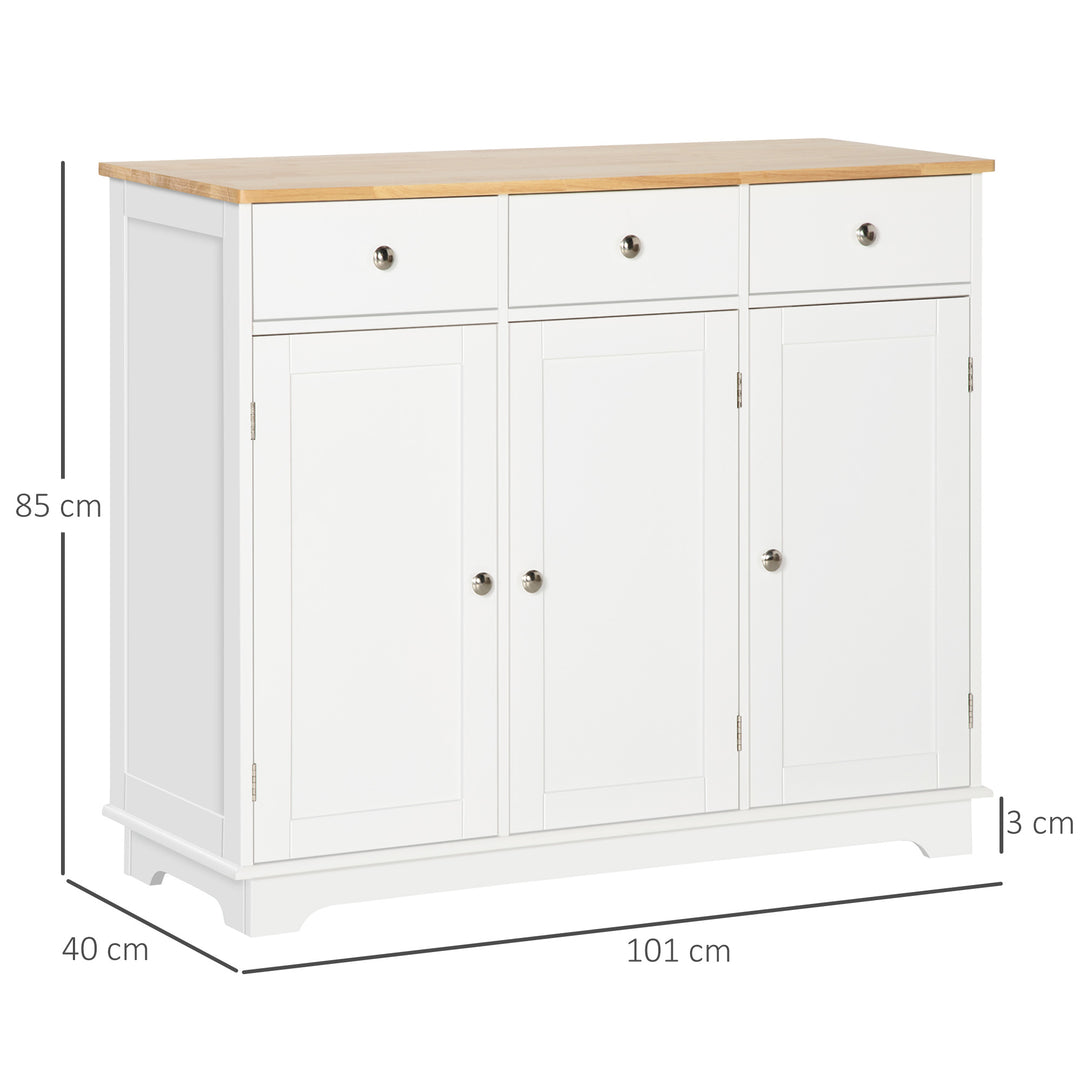 Sideboard with Rubber Wood Top, Modern Storage Cabinet, Kitchen Cupboard with 3 Doors, 3 Drawers and 3 Adjustable Shelves for Dining Room, Living Room, White