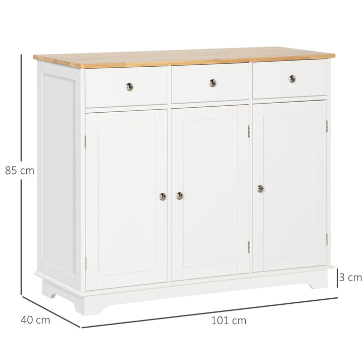 Sideboard with Rubber Wood Top, Modern Storage Cabinet, Kitchen Cupboard with 3 Doors, 3 Drawers and 3 Adjustable Shelves for Dining Room, Living Room, White