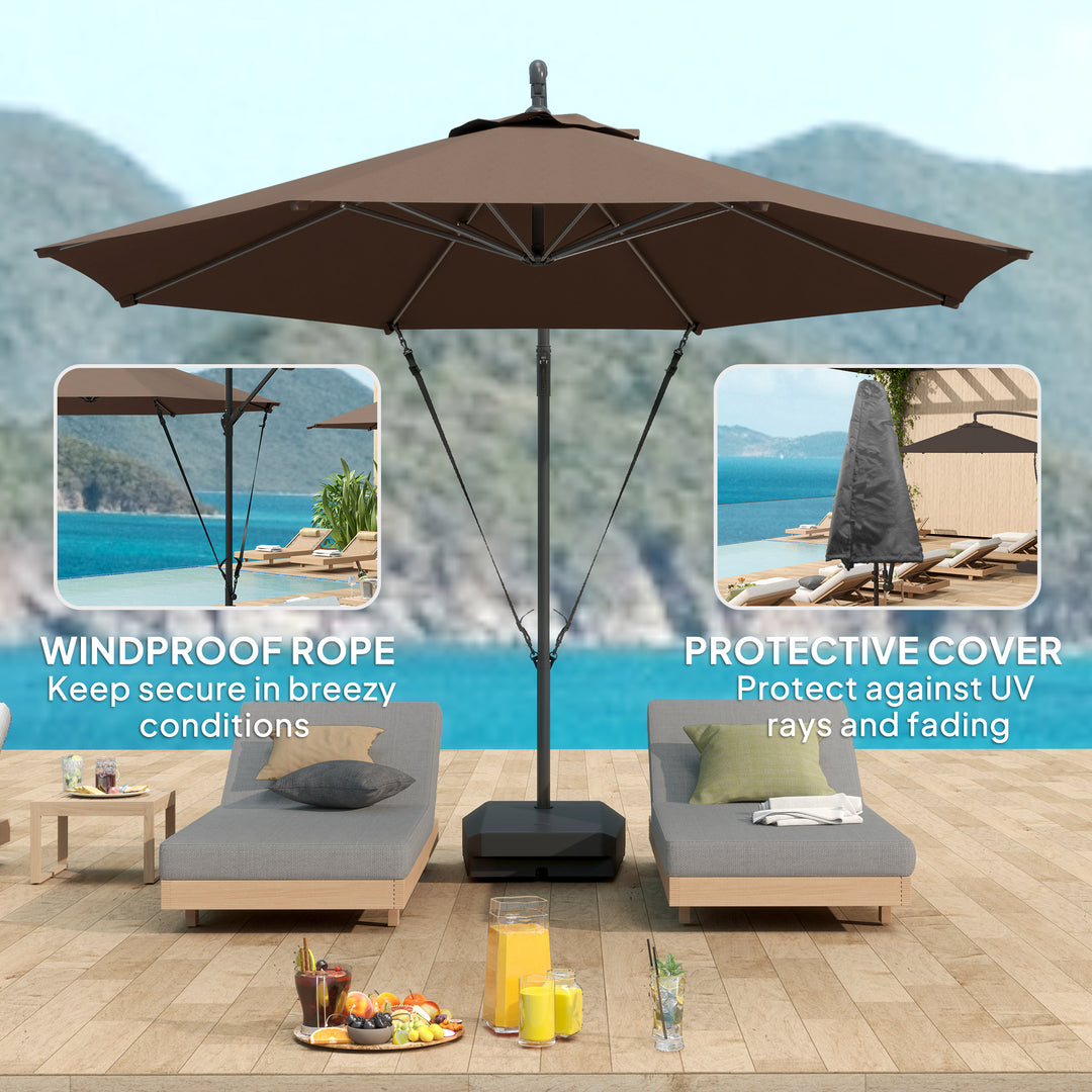 3(m) Garden Cantilever Parasol with Fillable Base up to 90kg, Wind Protection Strap, Cover, Round Banana Hanging Umbrella with Crank Handle and Tilt, UPF50+ Patio Umbrella, Brown