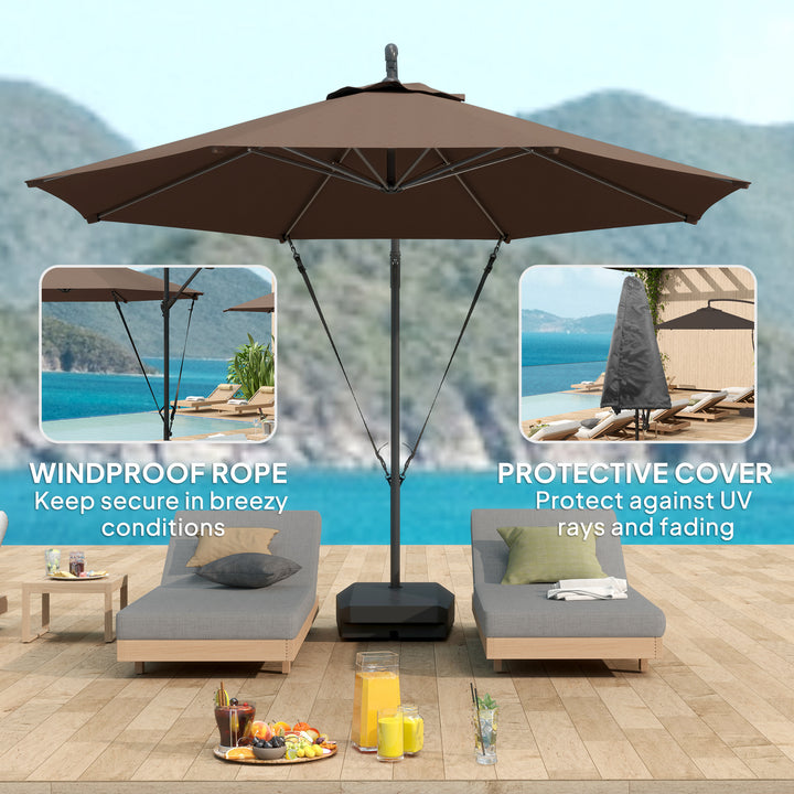 3(m) Garden Cantilever Parasol with Fillable Base up to 90kg, Wind Protection Strap, Cover, Round Banana Hanging Umbrella with Crank Handle and Tilt, UPF50+ Patio Umbrella, Brown