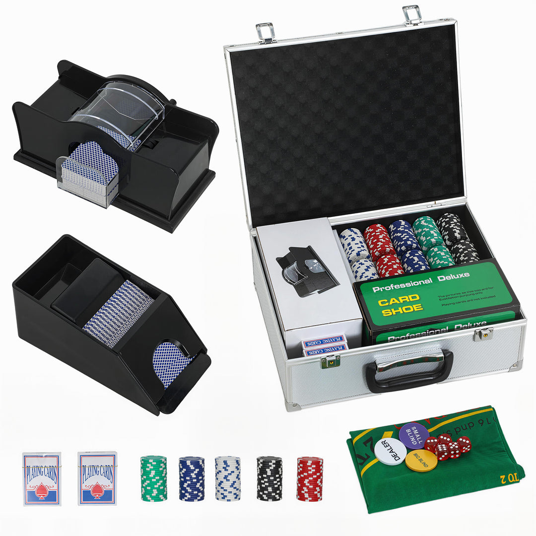 300-Piece Poker Chips Set with Card Shuffler, Card Shoe, Case, Casino Texas Holdem Poker Set with Mat, Silver Tone