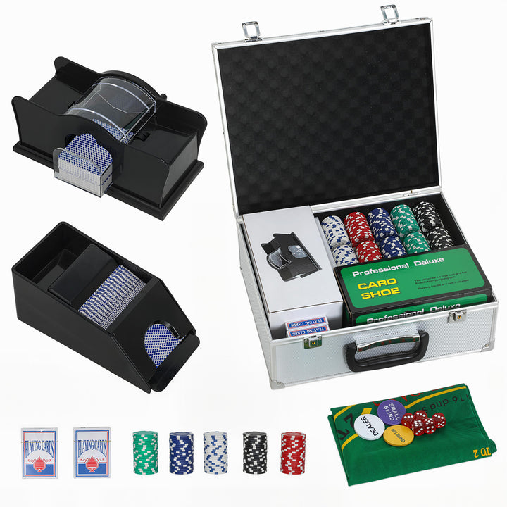 300-Piece Poker Chips Set with Card Shuffler, Card Shoe, Case, Casino Texas Holdem Poker Set with Mat, Silver Tone