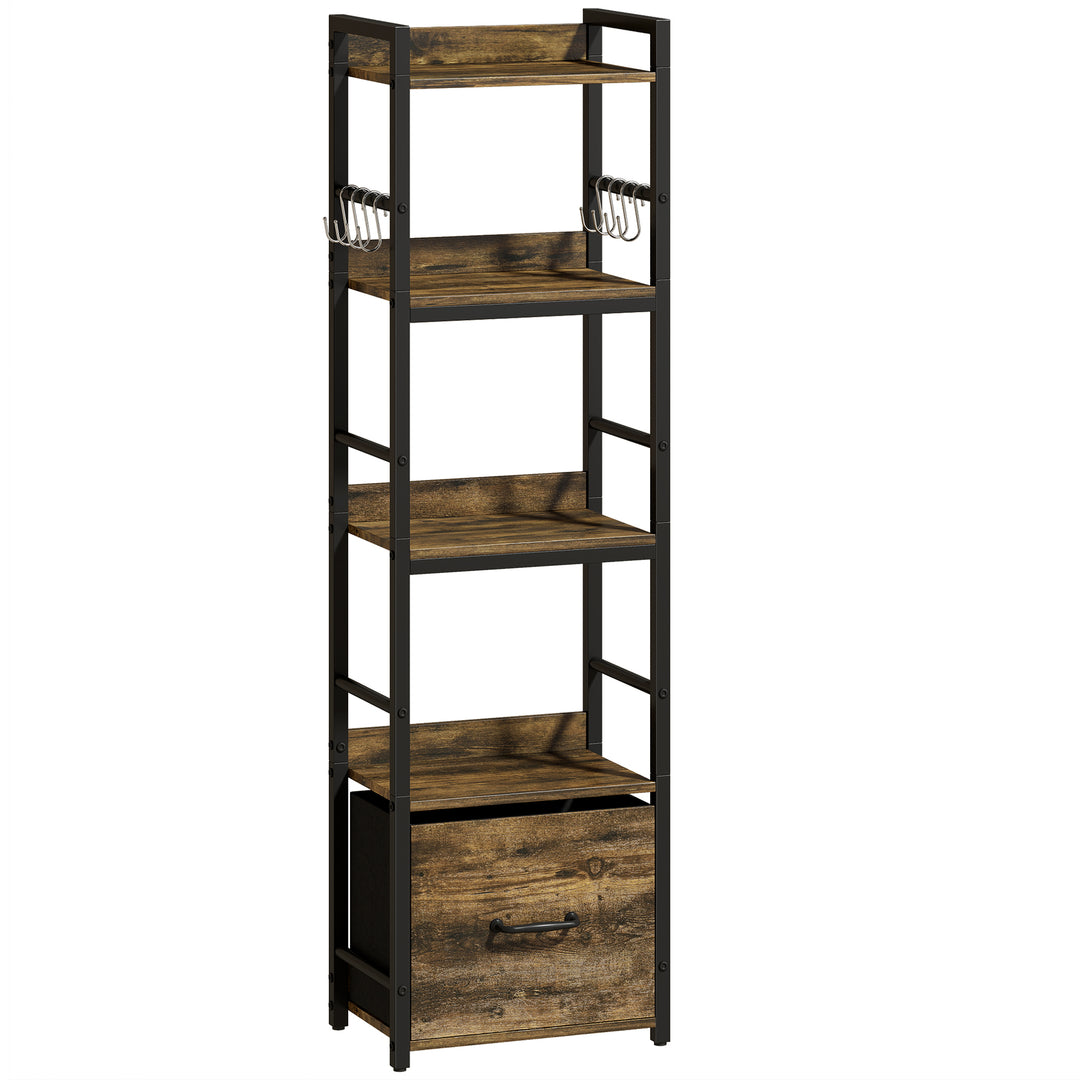 4-Tier Bookshelf, Narrow Bookcase with Drawer, 8 Hooks, Metal Frame, R