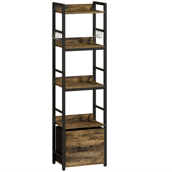 4-Tier Bookshelf, Narrow Bookcase with Drawer, 8 Hooks, Metal Frame, R