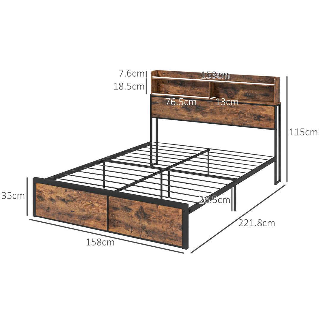 HOMCOM Industrial King Bed Frame, 5.2FT Steel Bed Base w/ Storage Headboard, Footboard, Under Bed Storage, 158 x 222cm, Rustic Brown