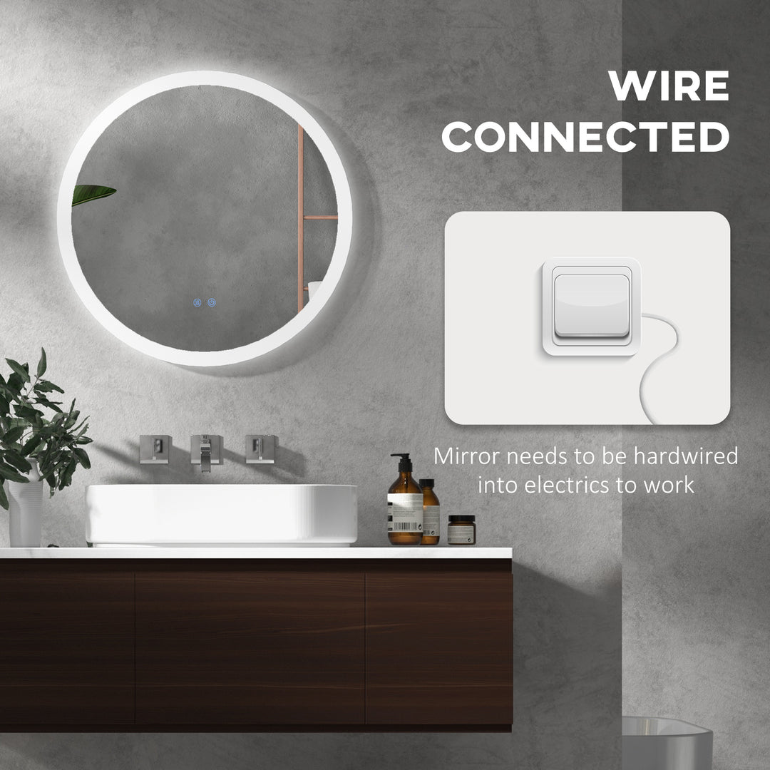 Round Bathroom Mirror with LED Lights, Wall-Mounted Dimmable Makeup Mirror with 3 Temperature Colours, Defogging Film, Memory Function, Hardwired, 60 x 60 cm