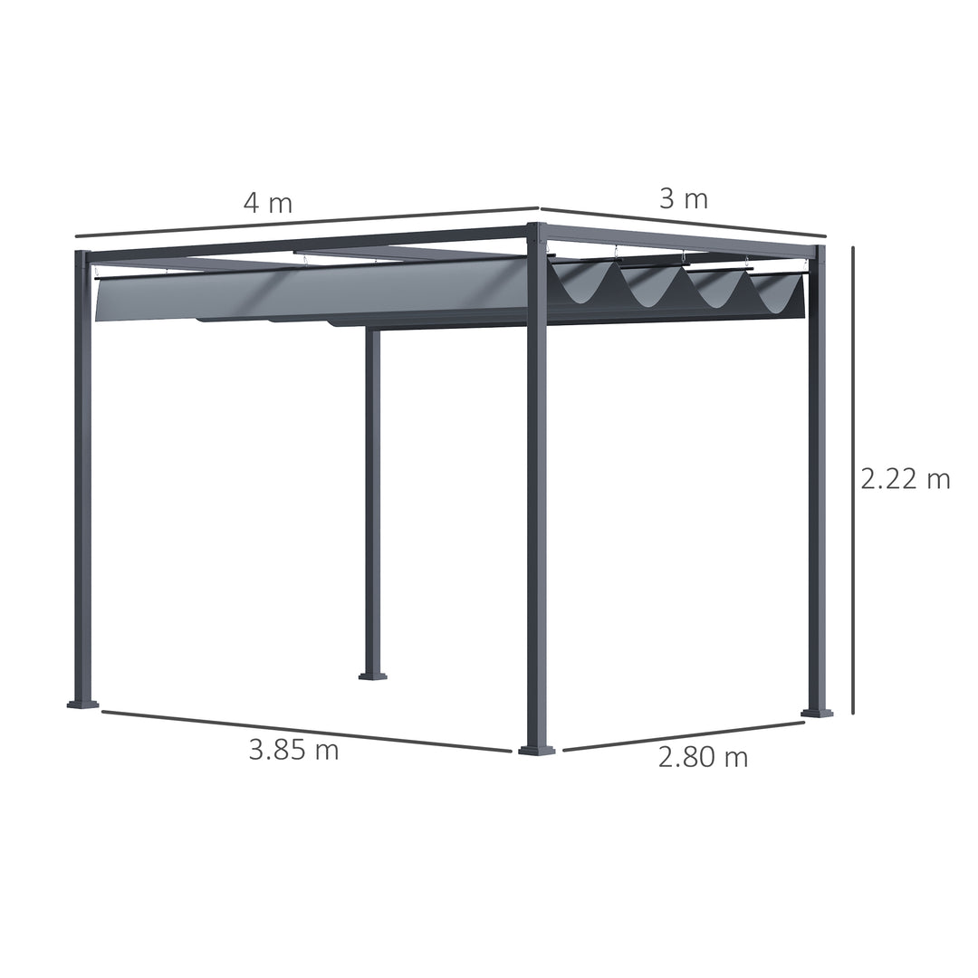 Outsunny 4 x 3(m) Metal Outdoor Pergola with Retractable Roof, Outdoor Gazebo with Drainage Holes for Garden, Patio, Lawn, Grey