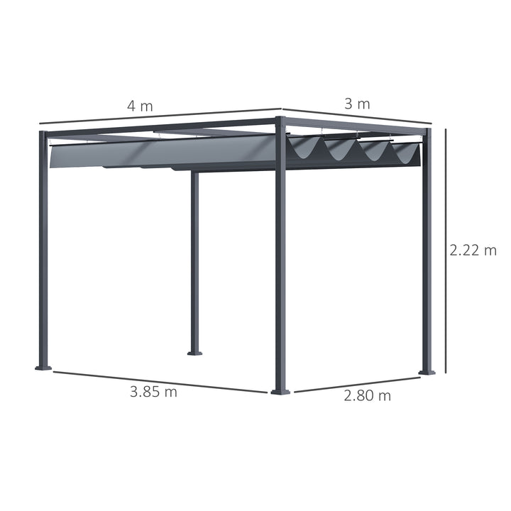 Outsunny 4 x 3(m) Metal Outdoor Pergola with Retractable Roof, Outdoor Gazebo with Drainage Holes for Garden, Patio, Lawn, Grey