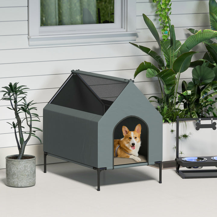 Dog House Outdoor Elevated Dog Bed with Removable Cover, Mesh Windows, Storage Bag, for S and M-Sized Dogs