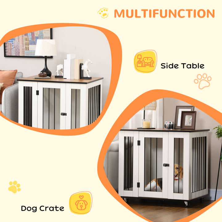 Dog Crate Furniture, Dog Cage End Table, with Wheels, for Medium Dogs, 80 x 60 x 76.5cm - White