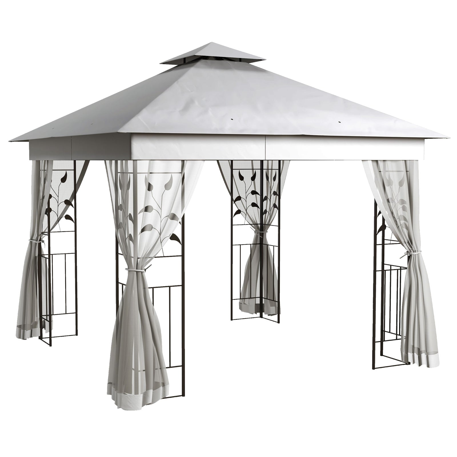 3(m) x 3(m) Double Roof Outdoor Garden Gazebo Canopy Shelter with Netting, Solid Steel Frame, Light Grey