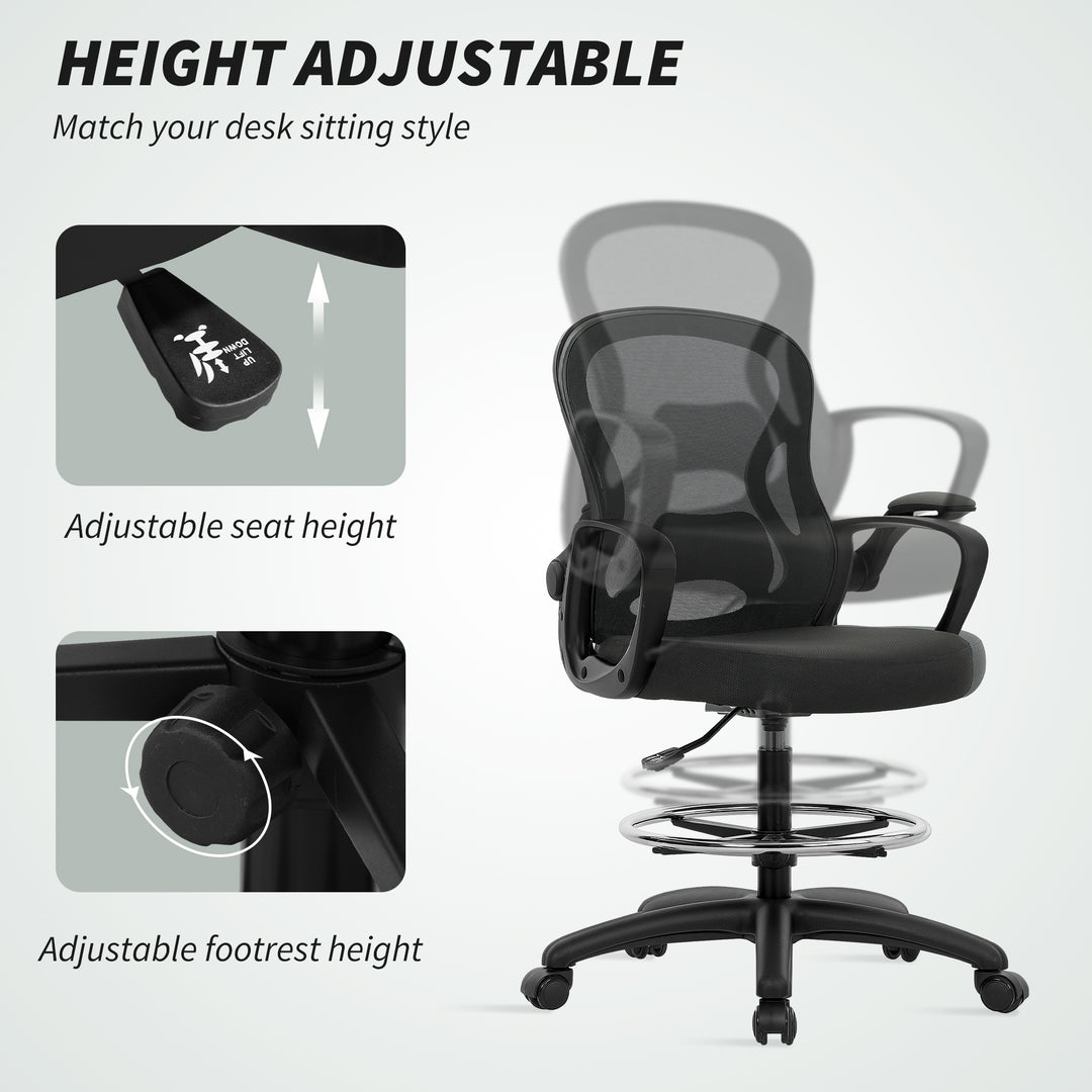 Drafting Chair with Adjustable Footrest, Ergonomic Mesh Office Chair with Lumbar Support, Adjustable Height for Standing Desk, Black