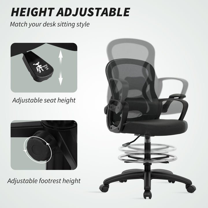 Drafting Chair with Adjustable Footrest, Ergonomic Mesh Office Chair with Lumbar Support, Adjustable Height for Standing Desk, Black