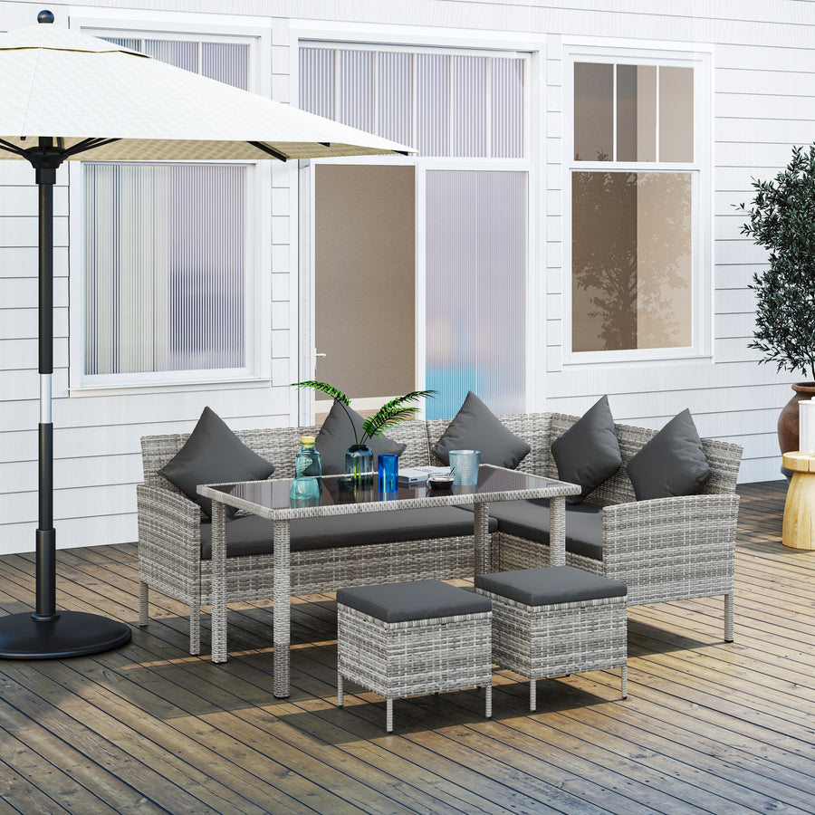 tsunny 6-Seater Rattan Dining Set Sofa Table Footstool Outdoor w/ Cushion Garden Furniture, Dark Grey