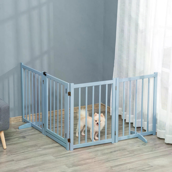 Pet Gate Wooden Foldable Dog Safety Barrier w/ 4 Panels for Small and Medium Dogs Blue