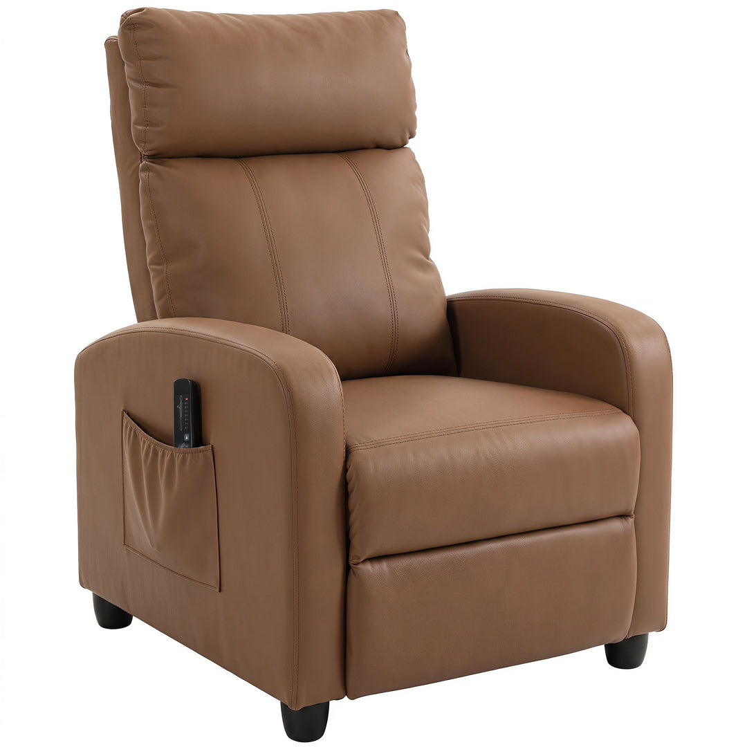 MCL Recliner Armchair, Massage Faux Leather Push Back Reclining Chair with Adjustable Leg Rest, Side Pocket, for Home Living Room Theatre - Dark brown