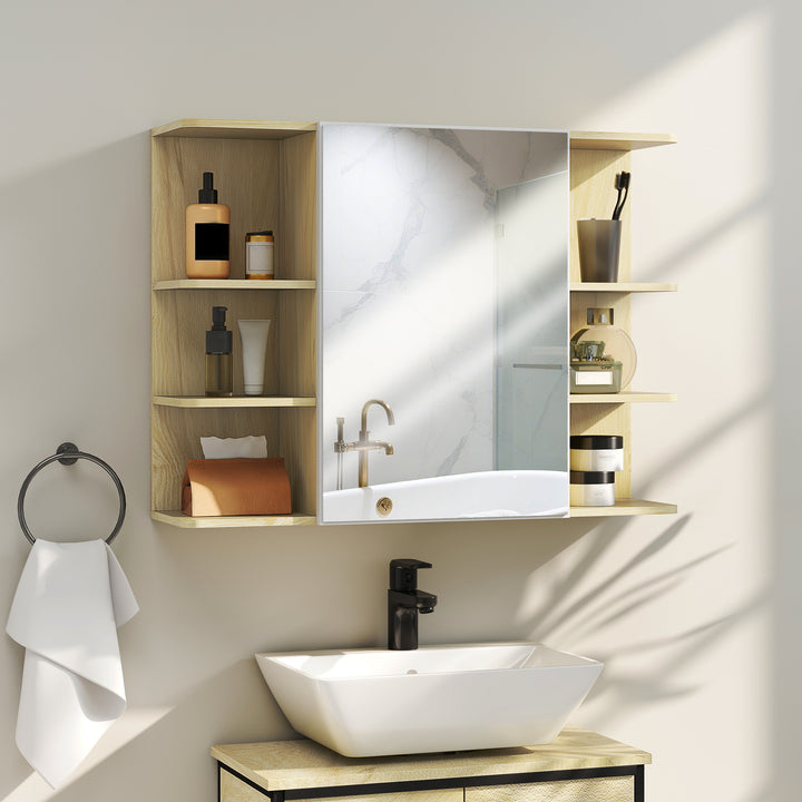 Bathroom Mirror Cabinet with Open Storage Shelves - Natural Wood Finish