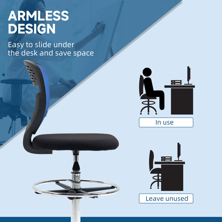 Drafting Chair, Swivel Office Draughtsman Chair, Mesh Standing Desk Chair with Adjustable Foot Ring, Armless, Dark Blue