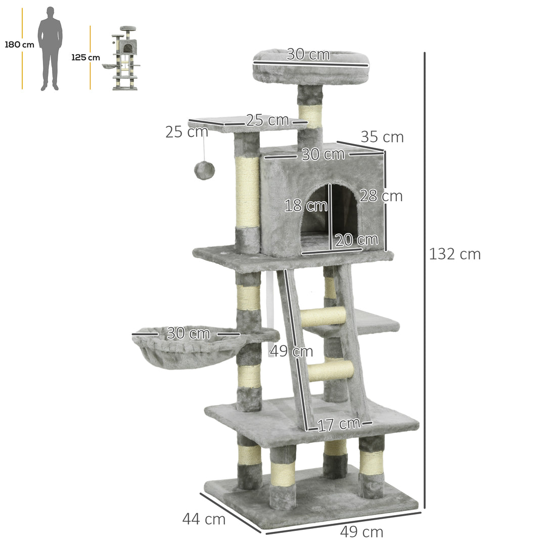132cm Cat Tree with Scratching Post, House, Hammock, Toy Balls - Grey