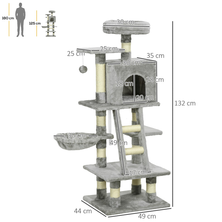 132cm Cat Tree with Scratching Post, House, Hammock, Toy Balls - Grey