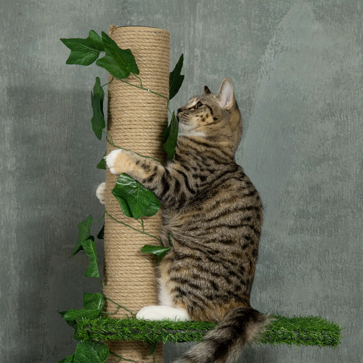 242cm Adjustable Floor-To-Ceiling Cat Tree, with Artificial Decoration, Perches, Anti-Slip Kit - Green