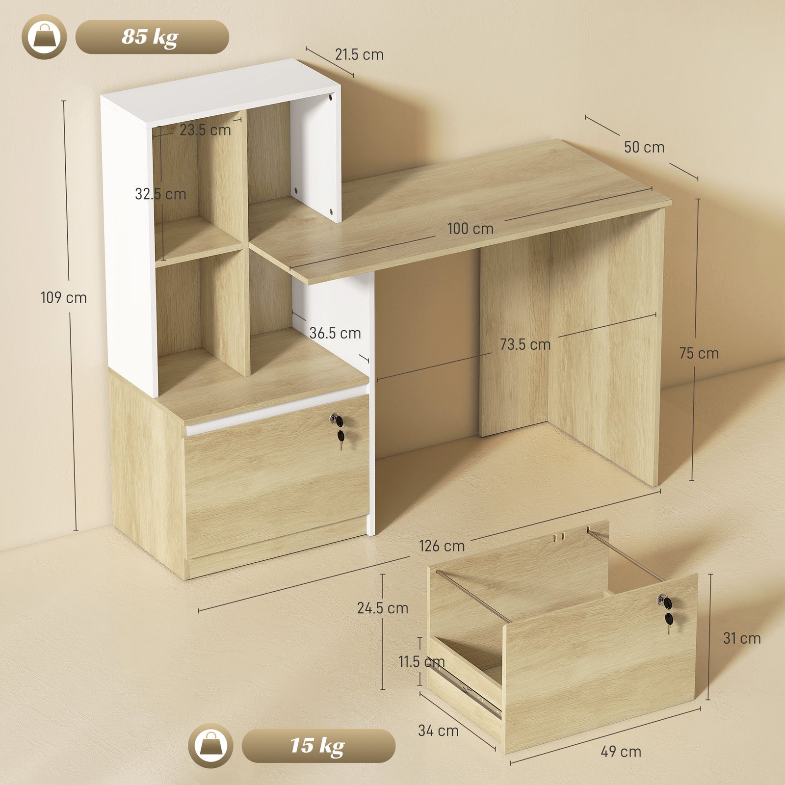 Computer Desk, Office Desk with Bookshelf, File Drawer and Legal Hangi