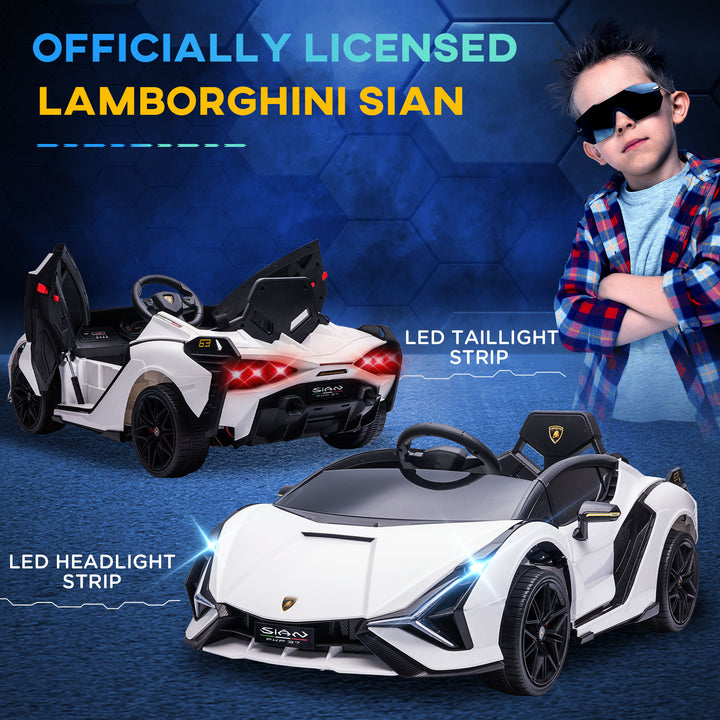 HOMCOM Compatible 12V Battery-powered Kids Electric Ride On Car Lamborghini SIAN Toy w/ Remote Control Lights MP3 for 3-5 Years Old White | Aosom UK