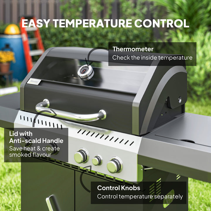 4+1 Burner Gas BBQ Grill with Clear View Lid, Portable Gas Barbecue Grill with Built-in Thermometer, Side Table, Cabinet, Wheels, Grease Tray for Garden Party Outdoor Cooking, Black