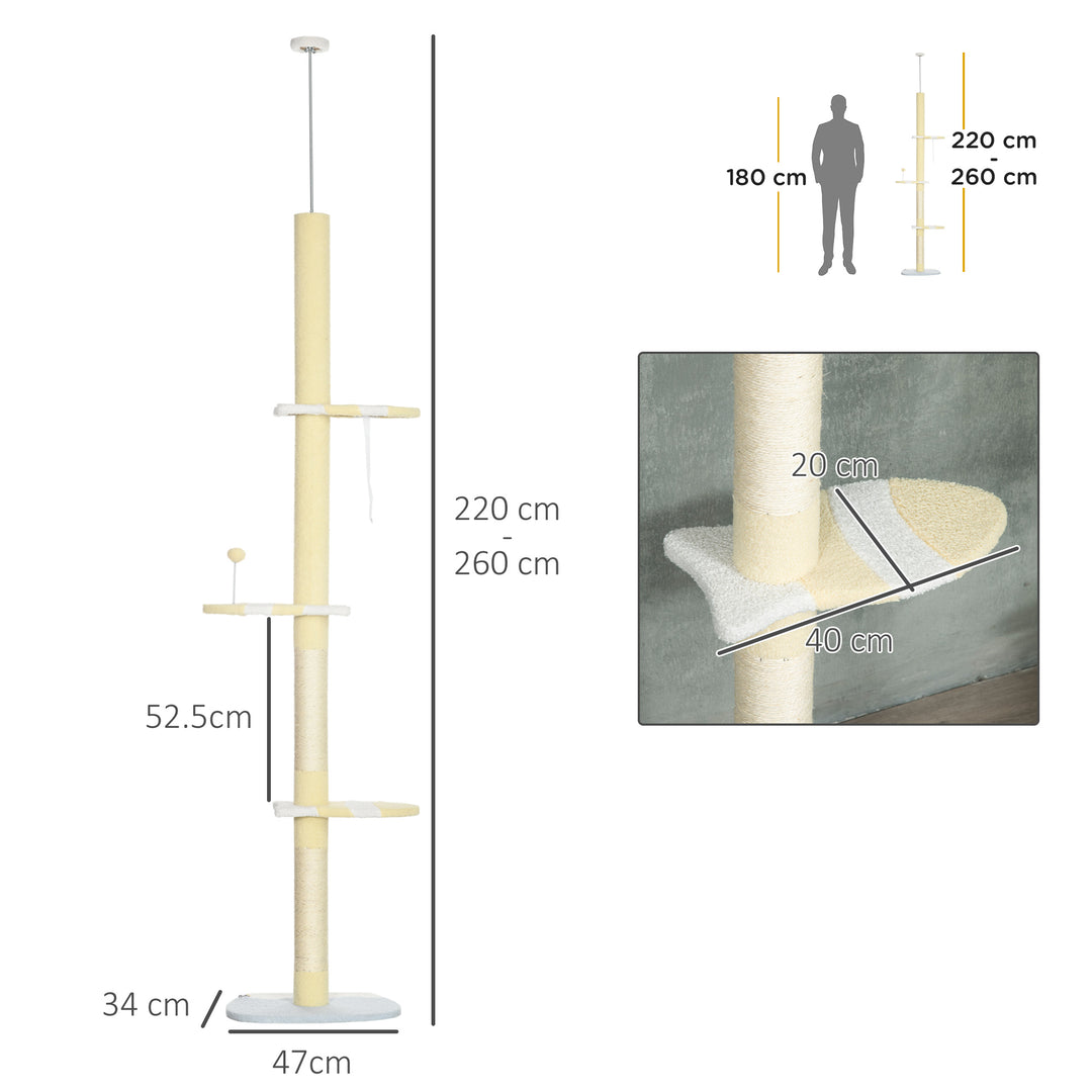 PawHut 260cm Cat Tower Cat Tree, Floor to Ceiling, Height Adjustable with Anti-slip Kit and Fish-shaped Scratching Post Ball, Yellow