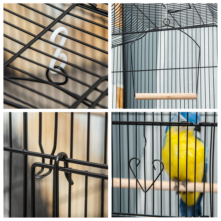 MCL Large Metal Bird Cage with Stand, Perches, Food Bowls, Swing, for Budgies, Parakeets, Black