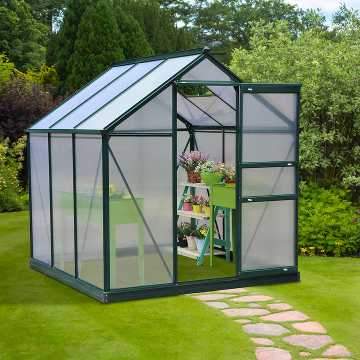 Outsunny Large Walk-In Greenhouse Polycarbonate Garden Greenhouse Plants Grow Galvanized Base Aluminium Frame w/ Slide Door, 6 x 6 ft