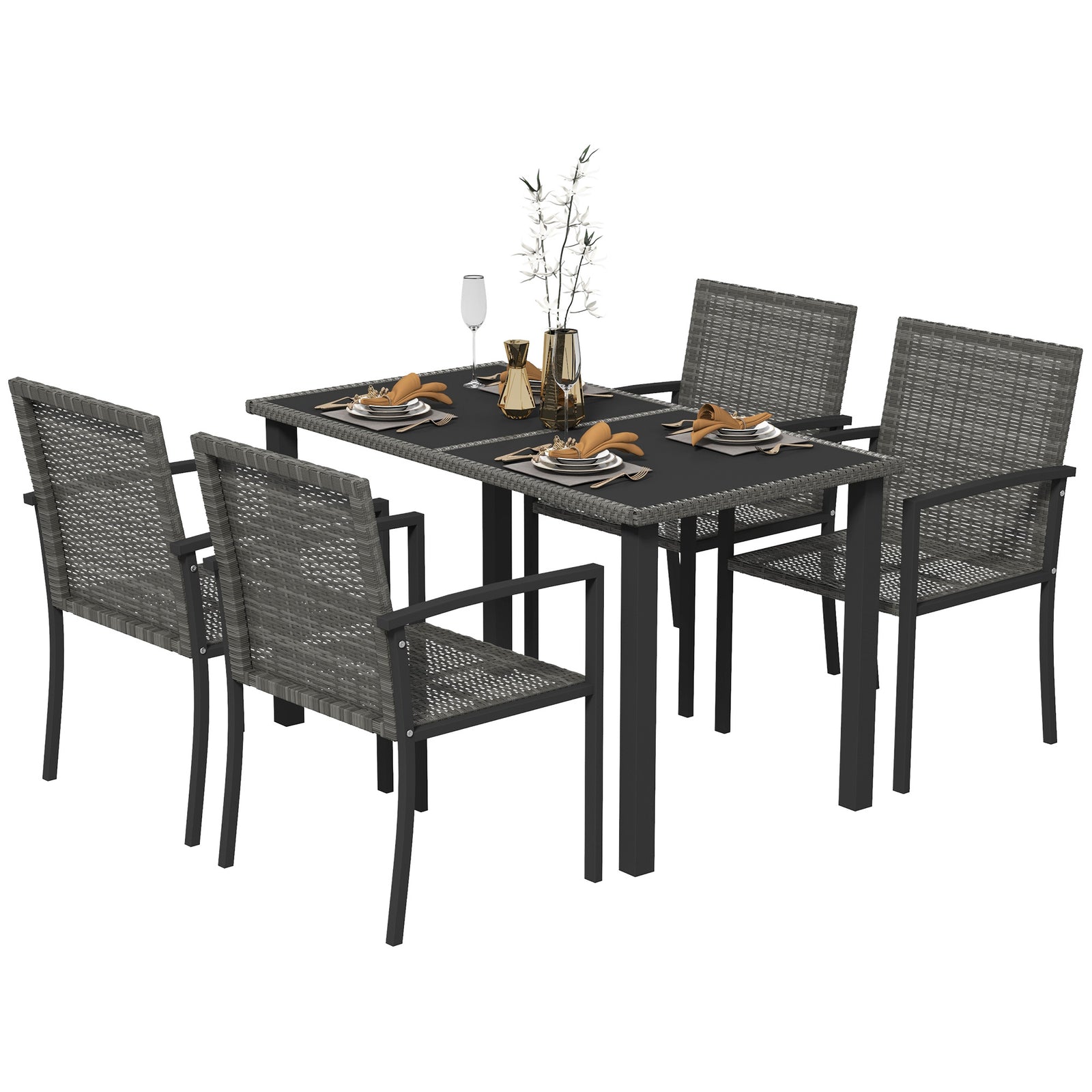 Outdoor Dining Set 5 Pieces Patio Conservatory with Tempered Glass Tabletop,4 Dining Chairs - Grey