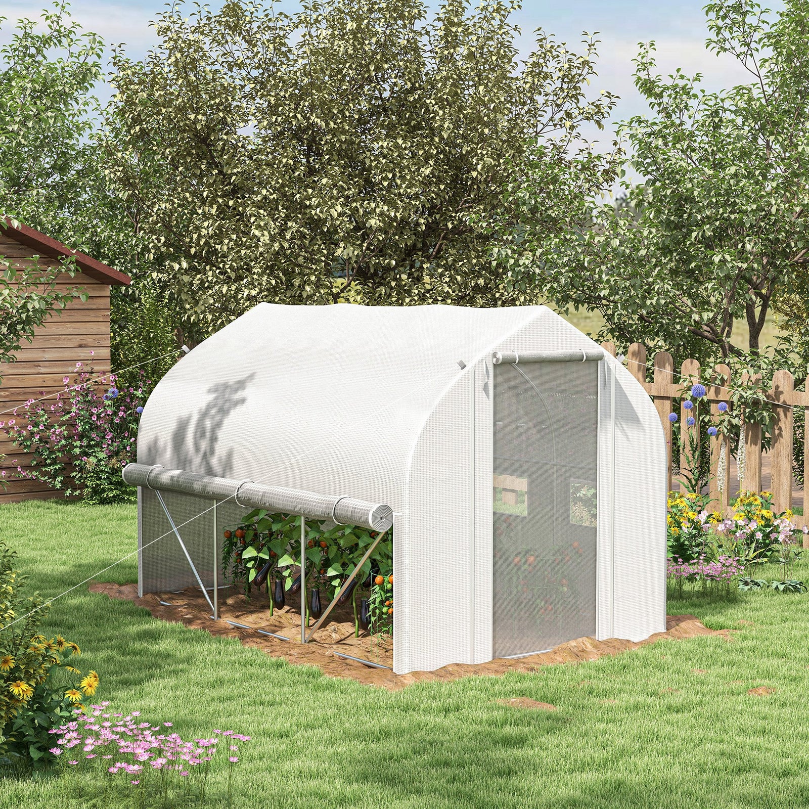 3 x 2(m) Walk-in Polytunnel Greenhouse, Zipped Roll Up Sidewalls, Mesh Door, 6 Mesh Windows, Tunnel Warm House Tent with PE Cover, Complimentary Plant Labels and Gloves, White