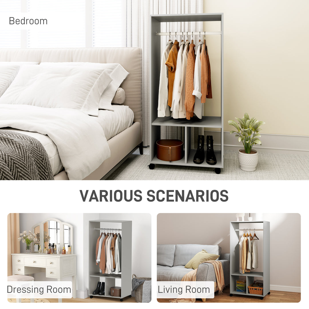 Open Wardrobe on Wheels, Bedroom Wardrobe with Clothes Hanging Rail, 2 Storage Shelves, Mobile Garment Rack for Cloakroom, Hallway, Grey