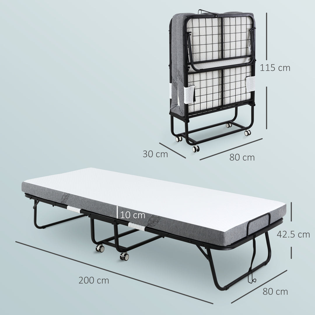 Folding Bed with 10cm Mattress, Portable Foldable Guest Bed with Sturdy Metal Frame on Wheels