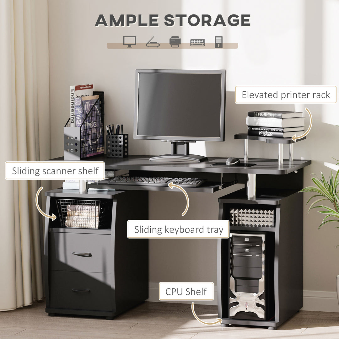 HOMCOM Computer Desk Office PC Table Workstation with Keyboard Tray, CPU Shelf, Drawers, Sliding Scanner Shelf, Black | Aosom UK