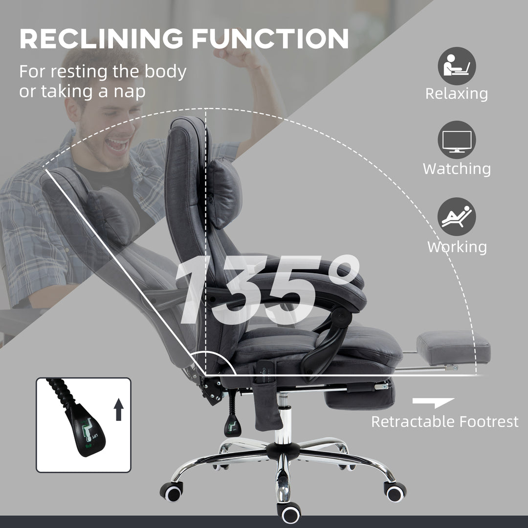 Office Chair with Lumbar Massage, 135° Reclining Computer Chair with Adjustable Headrest, Retractable Footrest, 10cm Double Padded Seat, Microfiber Fabric, Metal Base, Dark Grey