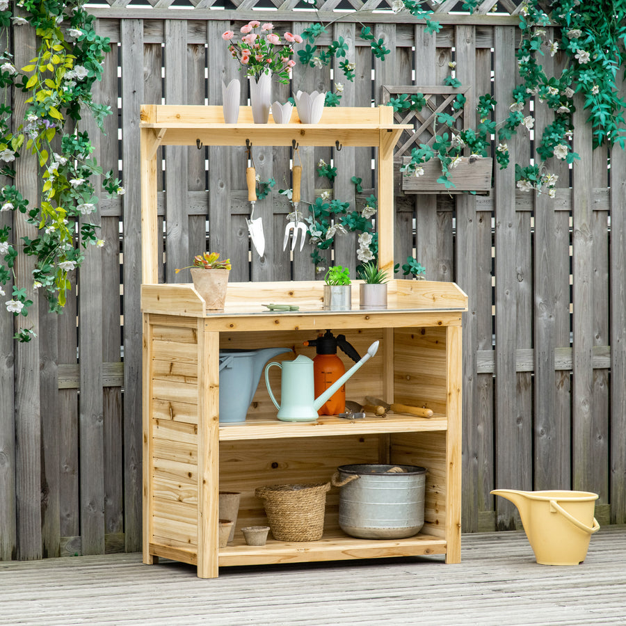 Garden Potting Bench Table, Wooden Workstation Bench w/ Galvanized Metal Tabletop, Storage Shelves and Hooks, Natural