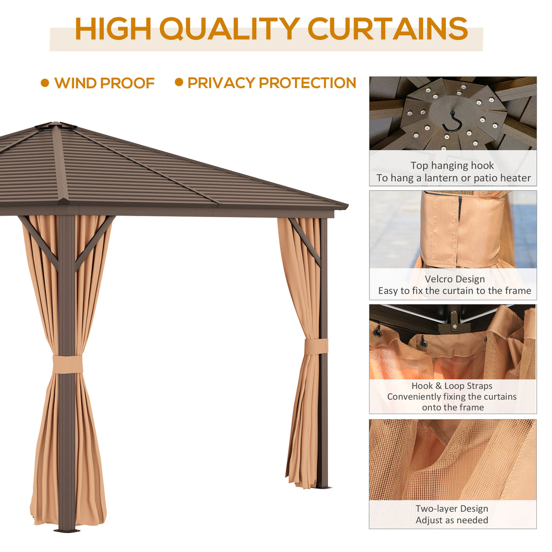 3 x 3(m) Metal Hardtop Gazebo, with Curtains and Accessories - Brown