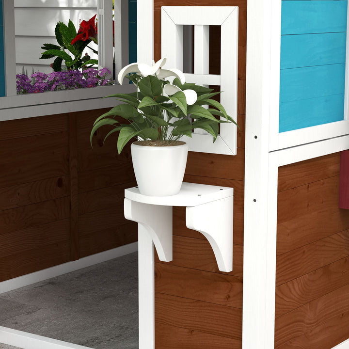 Wooden Playhouse with Doors, Windows, Plant Pots, Boxes, for 3-8 Years - Dark Brown