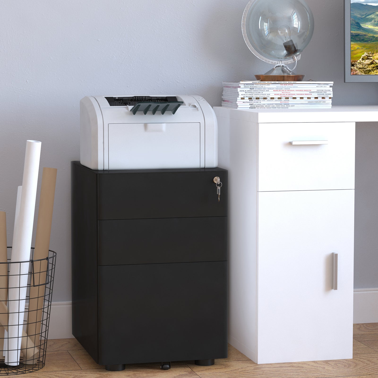 Lockable Cabinet, Rolling Filing Cabinet with 3 Drawers, Steel Office Drawer Unit for A4, Letter, Legal Sized Files