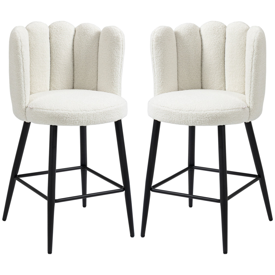 Bar Stools Set of 2, Faux Cashmere Upholstered Breakfast Bar Chairs, Modern Kitchen Stools with Backs, Footrest and Steel Base, Cream