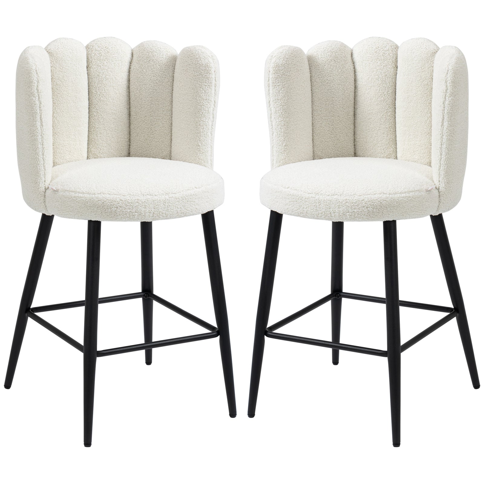 Bar Stools Set of 2, Faux Cashmere Upholstered Breakfast Bar Chairs, Modern Kitchen Stools with Backs, Footrest and Steel Base, Cream