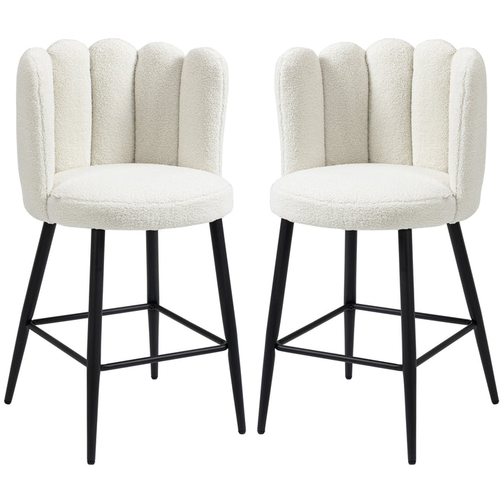 Bar Stools Set of 2, Faux Cashmere Upholstered Breakfast Bar Chairs, Modern Kitchen Stools with Backs, Footrest and Steel Base, Cream