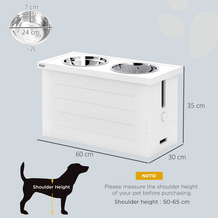 Raised Dog Bowls w/ Slow Feeder Mat, Storage Cabinet, Three Stainless Steel Bowls, Semi Auto Dispenser Function, White