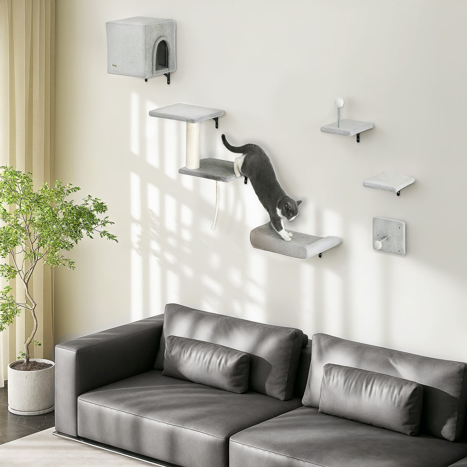 6-Piece Cat Wall Shelves Set with Condo, Cat Wall Furniture with Platforms, Sisal Scratching Post, Bed, Toy Ball, Grey