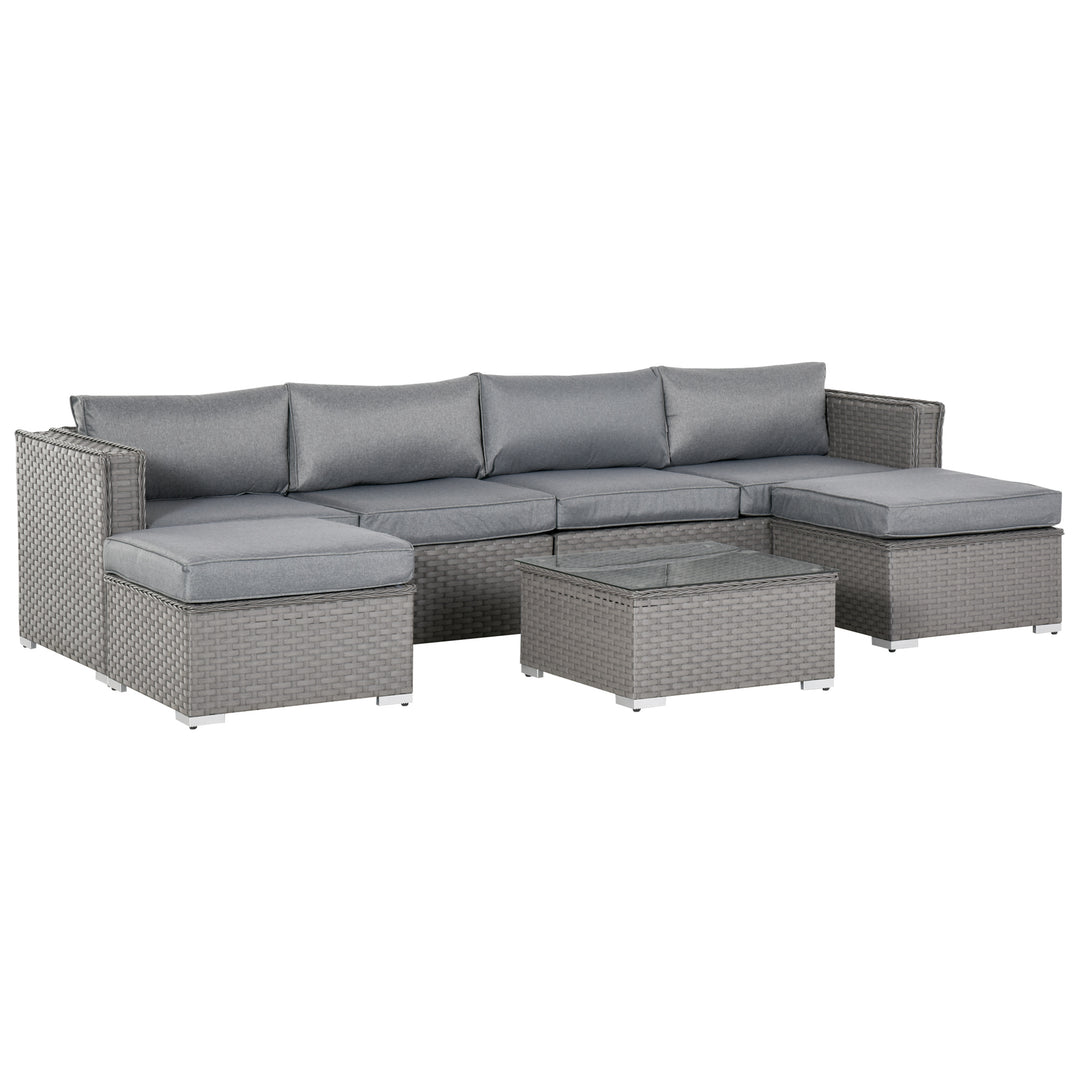 5 PCs PE Rattan Wicker Corner Sofa Set Bonzer Outdoor Conservatory Furniture Lawn Patio Tea Table Footstool w/ Cushion - Grey